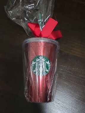 Starbucks Red Metallic Tumbler with Green Logo and Green Straw